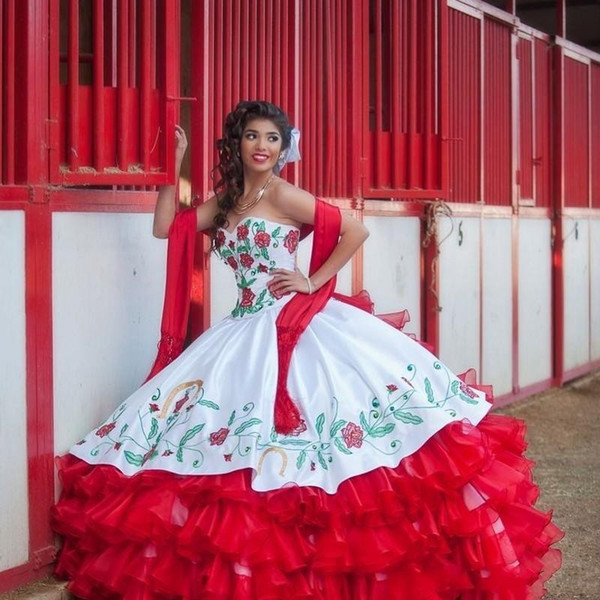 New Sweetheart Red Embroidery Ball Gown Tiered Ruffle Organza Quinceanera Dresses Satin Prom Party Debutante Sweet 16 Gown Prom Dress