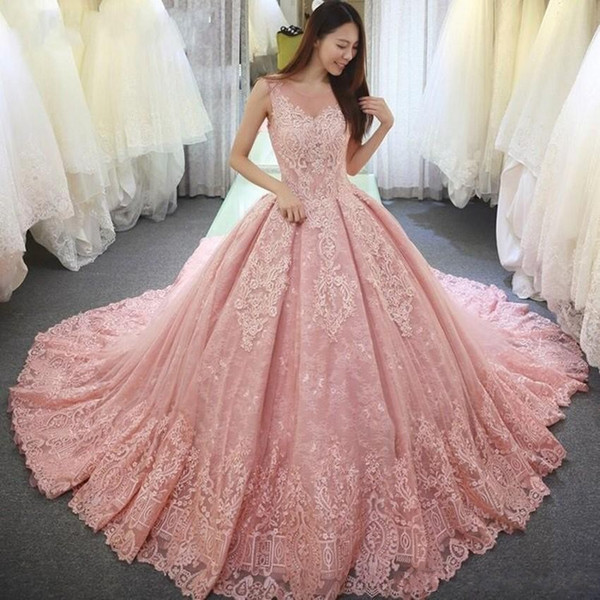 Vintage Pink Ball Gown Quinceanera Dresses Appliques Lace Sweet 16 Dress Scoop Neck Vestido De Festa Long Tulle Formal Prom Gowns