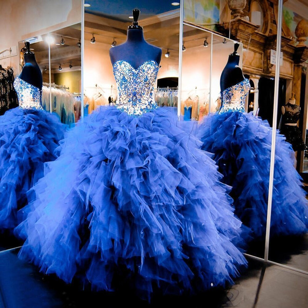 Pricness Royal Blue Quinceanera Dresses Cascading Ruffles Tulle Junior Beaded Crystal Sweet 16 Long Prom Party Gowns Pageant Dresses