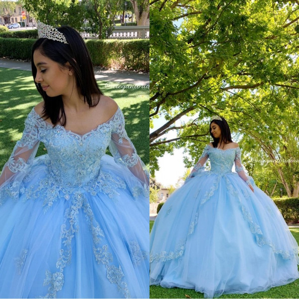 Gorgeous Sky Blue Lace Beaded Quinceanera Prom Dresses V-neck Long Sleeves Ball Gown Tulle Evening Party Sweet 16 Dress