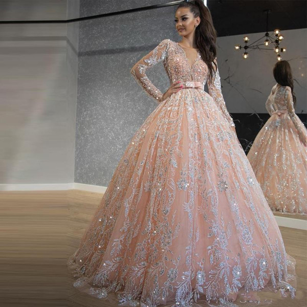 Baby Pink Quinceanera Dresses Sequin Lace Ball Gown Prom Dresses Jewel Neck Long Sleeve Sweet 16 Dress Long Formal Evening Wear