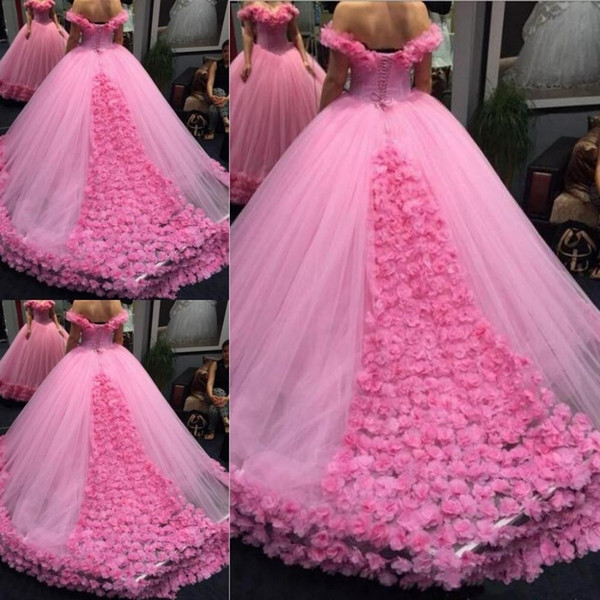 Quinceanera Dresses Luxurious 3D Floral Ball Gown Off-shoulder Cathedral Train Prom Dress Sweety 15 Girls Masquerade Gowns