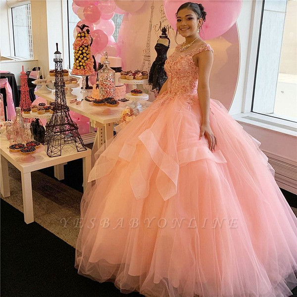 Princess Peach Quinceanera Dresses Scoop Neckline Beaded Crystals Ball Gown Tier Tulle Ruched Long Sweet 15 Prom Evening Gowns Pageant