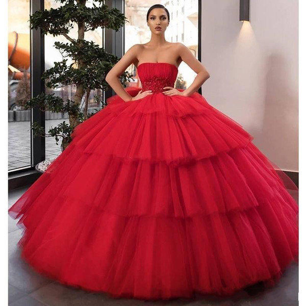 New Red Tiered Skirt Ball Gown Puffy Quinceanera Dresses Prom Party Strapless Beaded Appliques Girl Pageant Dresses Sweet 15 Gowns