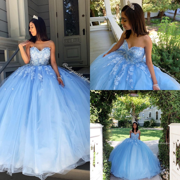 Ball Gown Sky Blue Simple Sexy Lace Quinceanera Prom Dresses Sweetheart Beaded Hand Made Flowers Tulle Evening Party Sweet 16 Dress