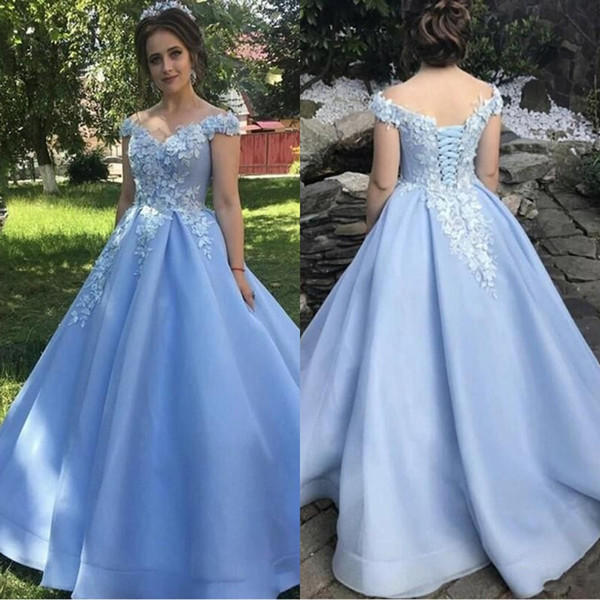 Vintage Light Blue 3D Floral Flowers Quinceanera Prom dresses Off Shoulders Princess Lace satin Ruched Sweet 16 Dress Vastidos De