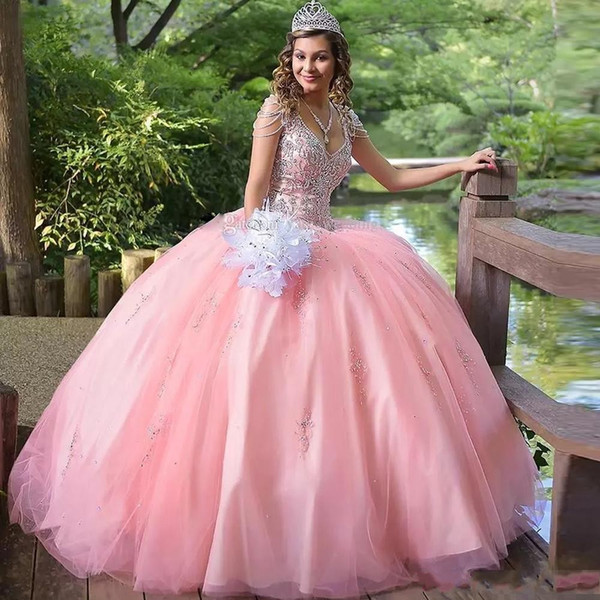 Beauty New Pink Ball Gown Crystal Quinceanera Dresses V-neck Beading Ruffles Sweet 15 Dress Puffy Skirt Plus Size Prom Dress for Junior