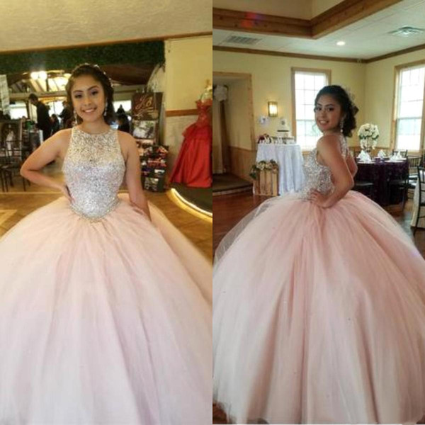 Pink Crystal Top Quinceanera Dresses Sexy Jewel Tulle Ball Gown Vestidos 15 anos Sweet 16 Prom Dresses Open Back Floor Length BC2686