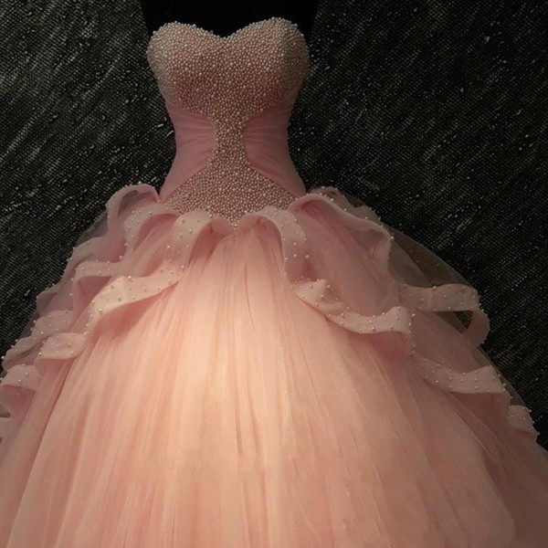 Unique Blush Pink Sweetheart Ball Gown Tulle Quincenera Dresses With Beaded Bodice Sweet 16 Princess Ruffles Strapless Quinceanera Dress