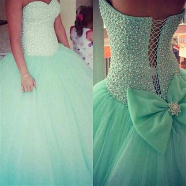 Mint Green Sage Quinceanera Dresses Sweetheart Ball Gown Beads Pearls Bodice Princess Tulle Sweet 16 Birthday Prom Dress with Bow