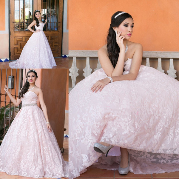 Delicate 3D Lace Pink Quinceanera Dresses Vestidos de 15 Anos Sweetheart With Beaded Belt Sweet 16 Prom Evening Gowns Formal