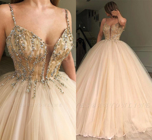 Champagne Tulle Ball Gown Quinceanera Dress Elegant Heavy Beaded Crystal Spaghetti Strap Sweet 16 Dresses Evening Prom Gowns BC1898