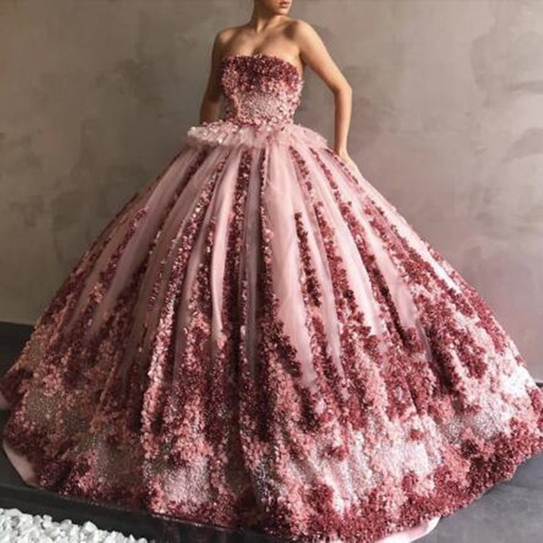 Luxurious Petal Power Flowers Ruched Puffy Quinceanera Dresses New Strapless Peplum Ball Gown Prom Evening Gowns Formal Sweet 15 Dress