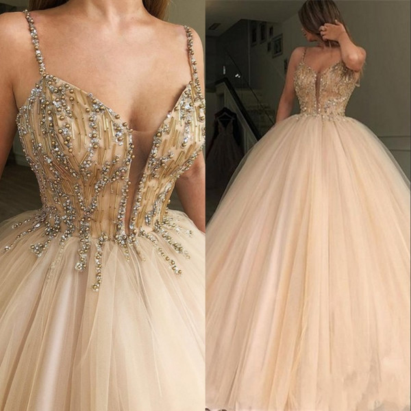 New Ball-Gown Tulle Quinceanera Dresses Luxury Beading Spaghetti-Straps Sleeveless Prom Dresses vestidos de quinceañera Prom Gowns