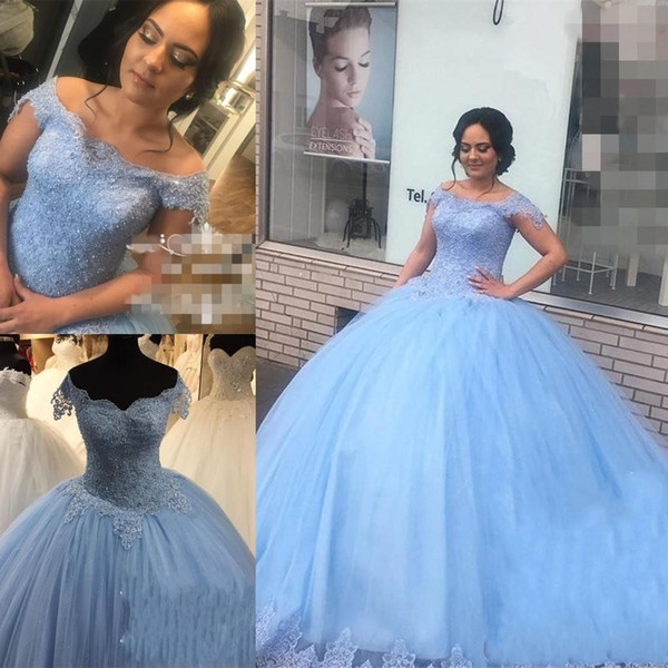 Ocean Blue Lace Sweet 16 Quinceanera Dresses Ball Gown Off Shoulder Beaded Puffy Tulle Masquerade vestidos 15 anos Birthday Prom Dresses