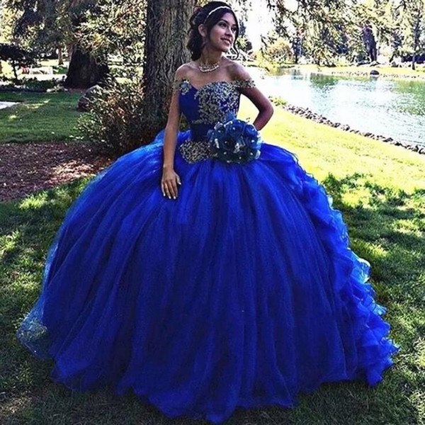 Delicate Royal Blue Quinceanera Dresses Off-the-shoulder Embroidery Appliqued Sweet 16 Dresses Ball Gown Vestidos de 15 Anos