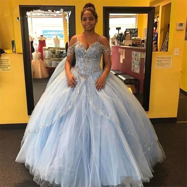 Light Sky Blue Quinceanera Dresses Beads Crystals Spaghetti Strap Junior Sweet 16 Birthday Dress Long Prom Party Gowns Pageant Wear BC2135