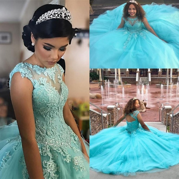 Sweet 15 Gorgeous Puffy Ball Gown Quinceanera Dresses Corset Back Sheer Appliqued Beaded Evening Prom Gowns Long Vestidos de 15 Anos