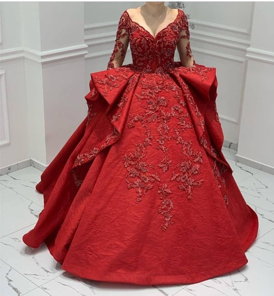 Modest Dubai Arabic Dark Red Long Sleeve Quinceanera Dresses 3D Appliques Lace Ball Gown Sweet 16 Formal Evening Gowns Vestodps de 15 Anos