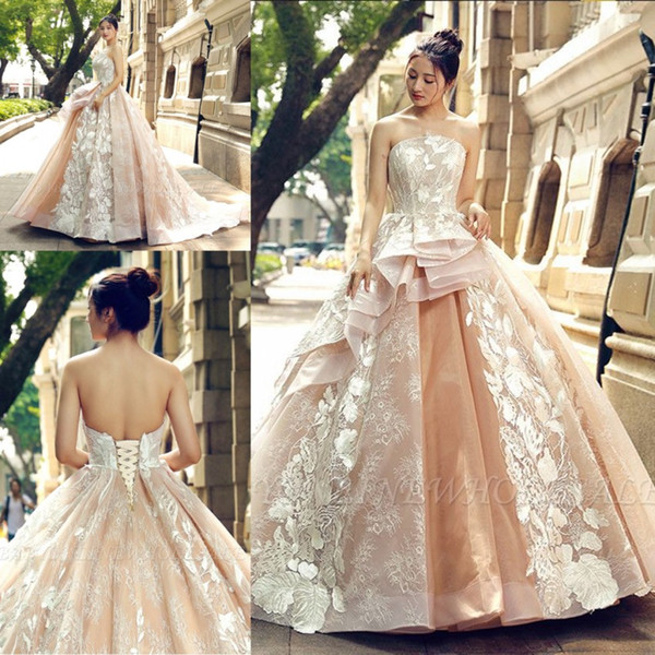 Blush Pink Quinceanera Dresses Appliques Ruffles Organza Strapless Ball Gown Sweep Train Prom Dresses Pageant Gowns Formal With Lace-up