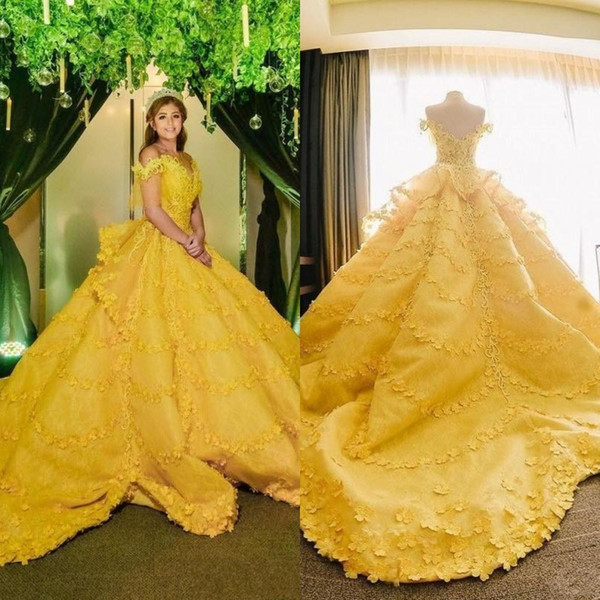 2019 Ball Gown 3D Floral Appliques Quinceanera Dresses Yellow Off Shoulder Lace Saudi Arabic Vestidos De 16 Girls Evening Party Gowns