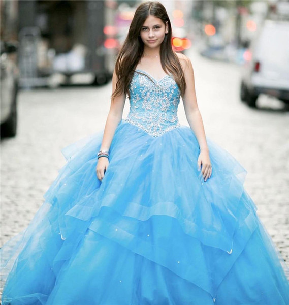 Sky Blue Ball Sweet 15 Quinceanera Dresses Beaded Crystals Sweetheart Ruffles Tulle Skirt Long Evening Prom Gowns Formal For Teens