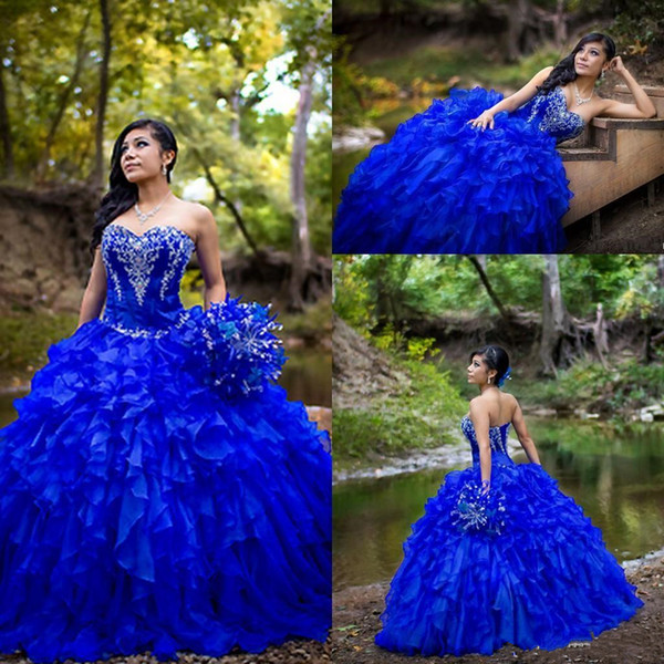 New Royal Blue Sweet 16 Quinceanera Dresses Sweetheart Beaded Embroidery Tiers Ruffles Skirt Ball Gown Princess Long Prom Dresses