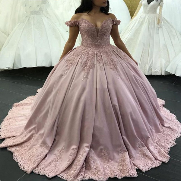 Dusty Pink Ball Gown Quinceanera Dresses Beaded Appliques Floor Length Evening Prom Gowns Off-the-shoulder Mexico Sweet 15 Celebrity Gowns