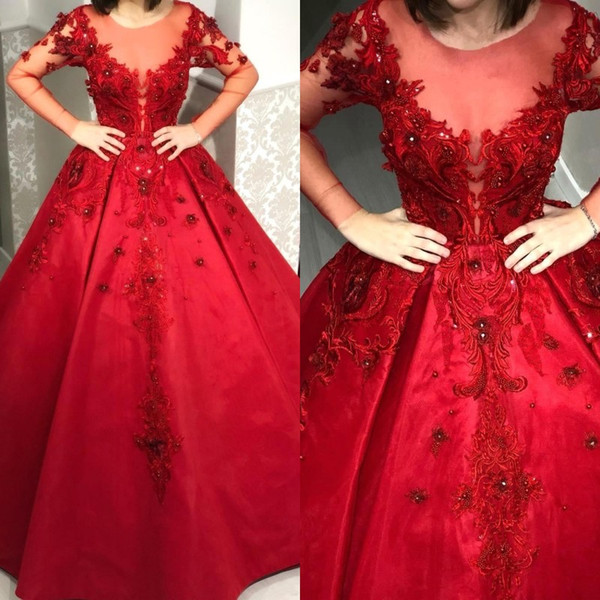 Dark Red Lace Beaded Satin Quinceanera Dresses Sheer Neck Long Sleeves Prom Dresses Ball Gown Evening Party Pageant Gowns BC4033