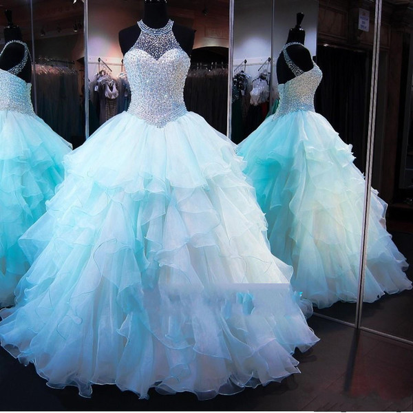 Princess Ocean blue Ball Gown Quinceanera Dress Sweet 16 Dresses Beaded Sequins Sheer Neck Debutante Gowns Plus Size Vestidos De