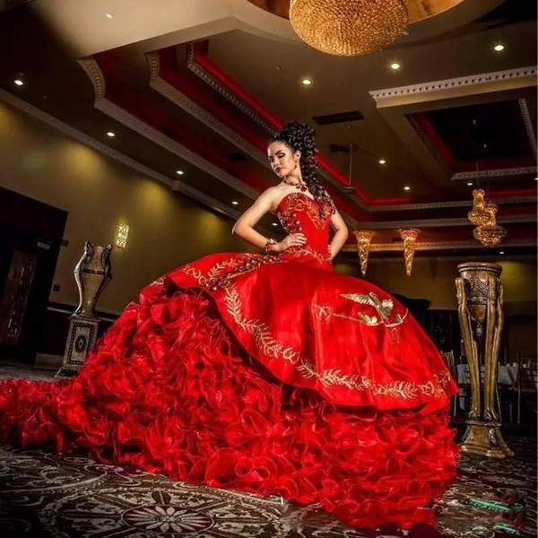 2022New Sweetheart Ball Gown Quinceanera Dresses Red Embroidery Pageant Dress Backless Satin Lace Up Floor Length Sweet 16 Dress BC3346