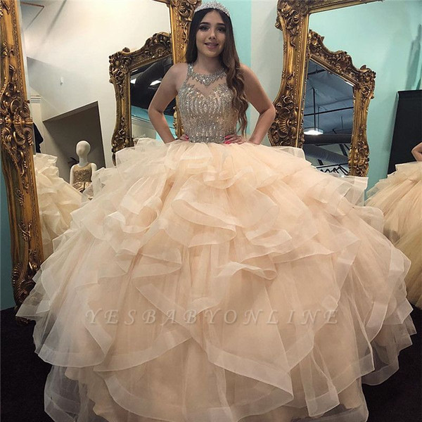 Keyhole Major Beading Quinceanera Dresses Ball Gown Sheer Neck Custom Made Prom Gowns Tulle Tiered Sweet 15 Masquerade Evening Dress