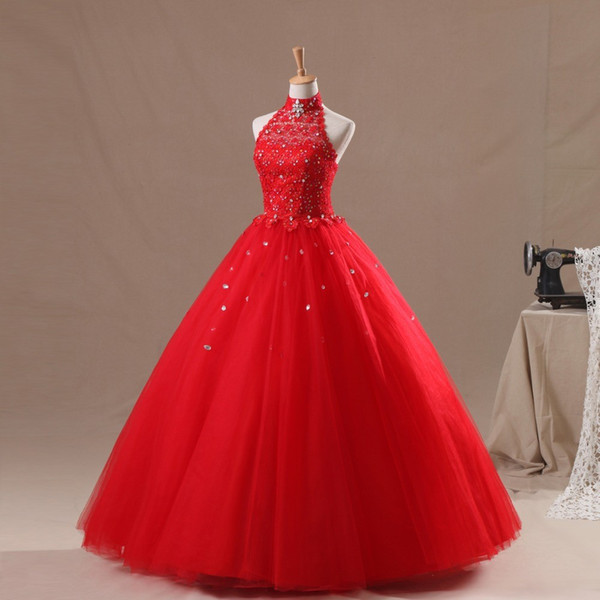 Crystals High Neck Ball Gown Red Quinceanera Dresses Back Lace Up Beaded Long Prom Dresses Party Evening Dress