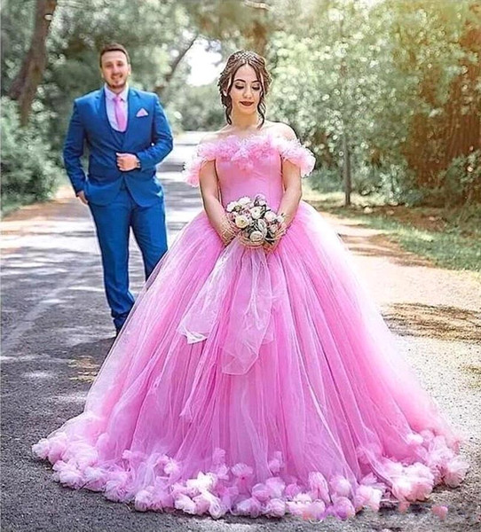 Elegant Pink Off The Shoulder Puffly Princess Quinceanera Dress 3D Foral Tulle Floor Length Prom Dresses Sweet 16 Dress Lace Up BC2675