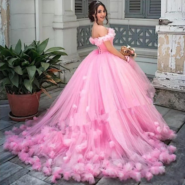 Cinderella Pink Princess Puffy Quinceanera Dresses 3D Floral Handmade Flower Off shoulder Skirt Royal Train Dubai Arabic Prom Gown