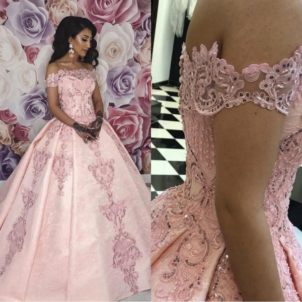 New Arrival Pink Quinceanera Dresses Bateau Cap Sleeves Lace Appliques Beads Ball Gown Puffy Sweet 16 Plus Size Prom Gown BC2348