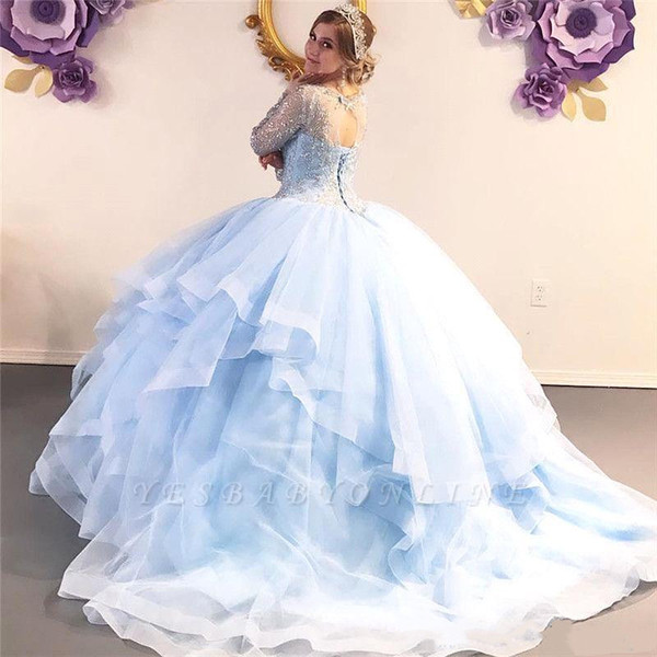 Elegant Light Sky Blue Major Beading Crystal Top Quinceanera Dresses Scoop Ball Gown Sheer Long Sleeves Sweet 16 Evening Dresses BC2664