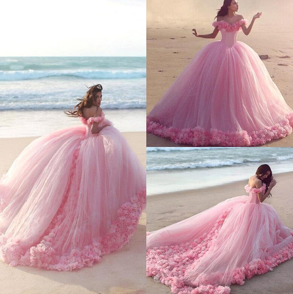 New Baby Pink Sweet 16 Princess Quinceanera Dresses Off Shoulder Flowers Backless Ball Gown Basque Waist Long Prom Dresses BA3070