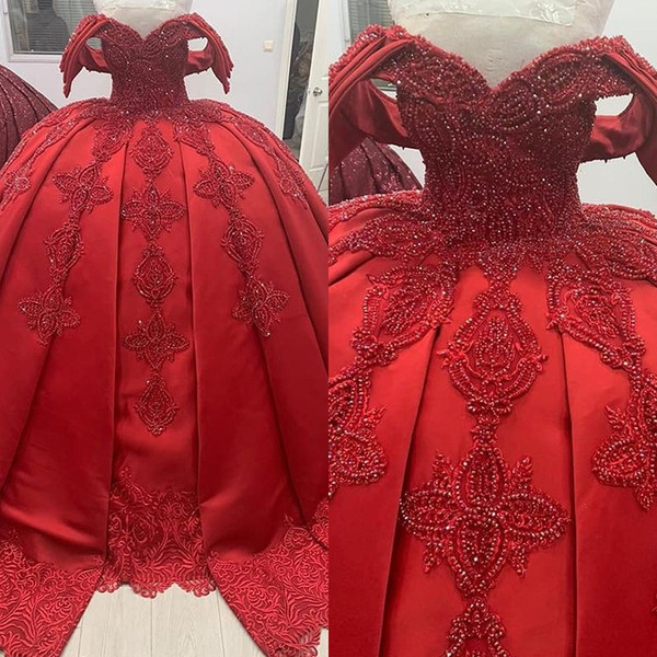 3D Lace Beading Off the Shoulder Quinceanera Dresses Red Ball Gown Sweet 16 Dresses Ruffles Tulle Prom Dresses