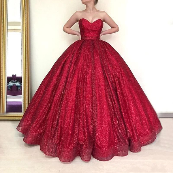 Red Long Dubai Arab Quinceanera Dresses Puffy Ball Gown Sweetheart Glitter Burgundy Party Gowns robe de soiree vestidos gala BC1886