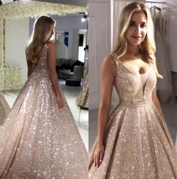 Rose Gold Sequined Quinceanera Prom Dresses V Neck Sparkling Sequin A-line Backless Prom Party Dresses Robe De Soiree BM0246