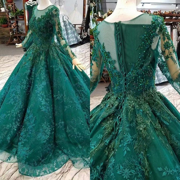 Green Muslim Quinceanera Evening Dresses Lace Long Sleeves O Neck Beads Flowers Ball Gown Occasion Dresses Girl Pageant Dress BC3693