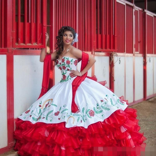 Sexy Red White Satin Ball Gowns Embroidery Quinceanera Dresses With Beads Sweet 16 Dresses 15 Year Prom Gowns