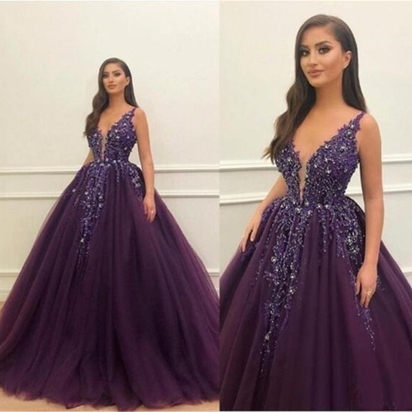 Gorgeous Dark Purple Tulle Princess Quinceanera Dresses Hot Selling Custom Bling Bling Beads Applique Spaghetti Strap Formal Evening Gown