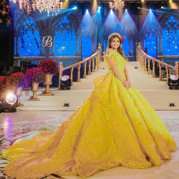 Off Shoulder 16 Princess Quinceanera Dresses Yellow Ball Gown Tulle Birthday Party Dress Lace Appliques Plus Size Evening Prom Gowns