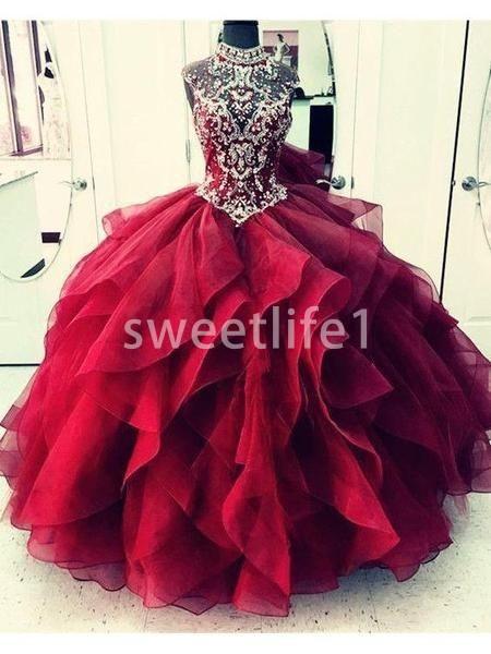 Dark Red Halter Neckline Quinceanera Dresses Sparkly Beaded Crystal Ruffles Tiered Skirts Sweet 15 16 Prom Party Occasion Dresses