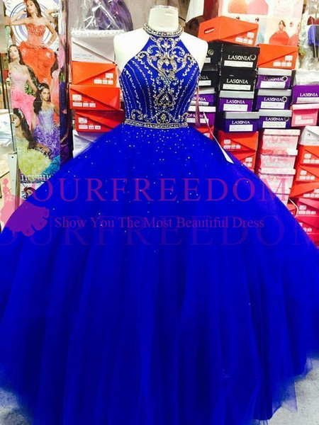 Shining Rhinestones Halter Neck Quinceanera Dresses Royal Blue Puffy Tulle Corset Back Sweet 15 Formal Occasion Prom Party Dresses