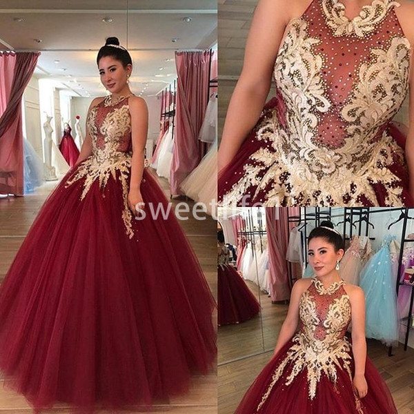 Elegant Burgundy Jewel Neck Quinceanera Dresses Gold Appliques A Line Floor Length Sweet 16 Formal Evening Prom Dresses Custom Made