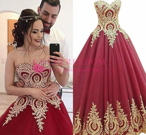 Classical Dark Red Sweetheart Neck Quinceanera Dresses Ball Gown Gold Appliques Floor Length Sweet 16 17 18 19 Formal Party Wear