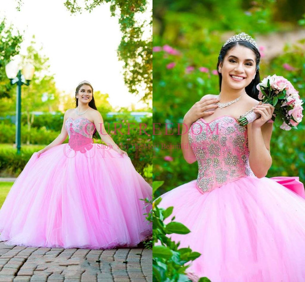 Adorable Pink Ball Gown Quinceanera Dresses Sweetheart Neck Beaded Crystal Princess Sweet 15 Birthday Prom Party Dresses Custom Made